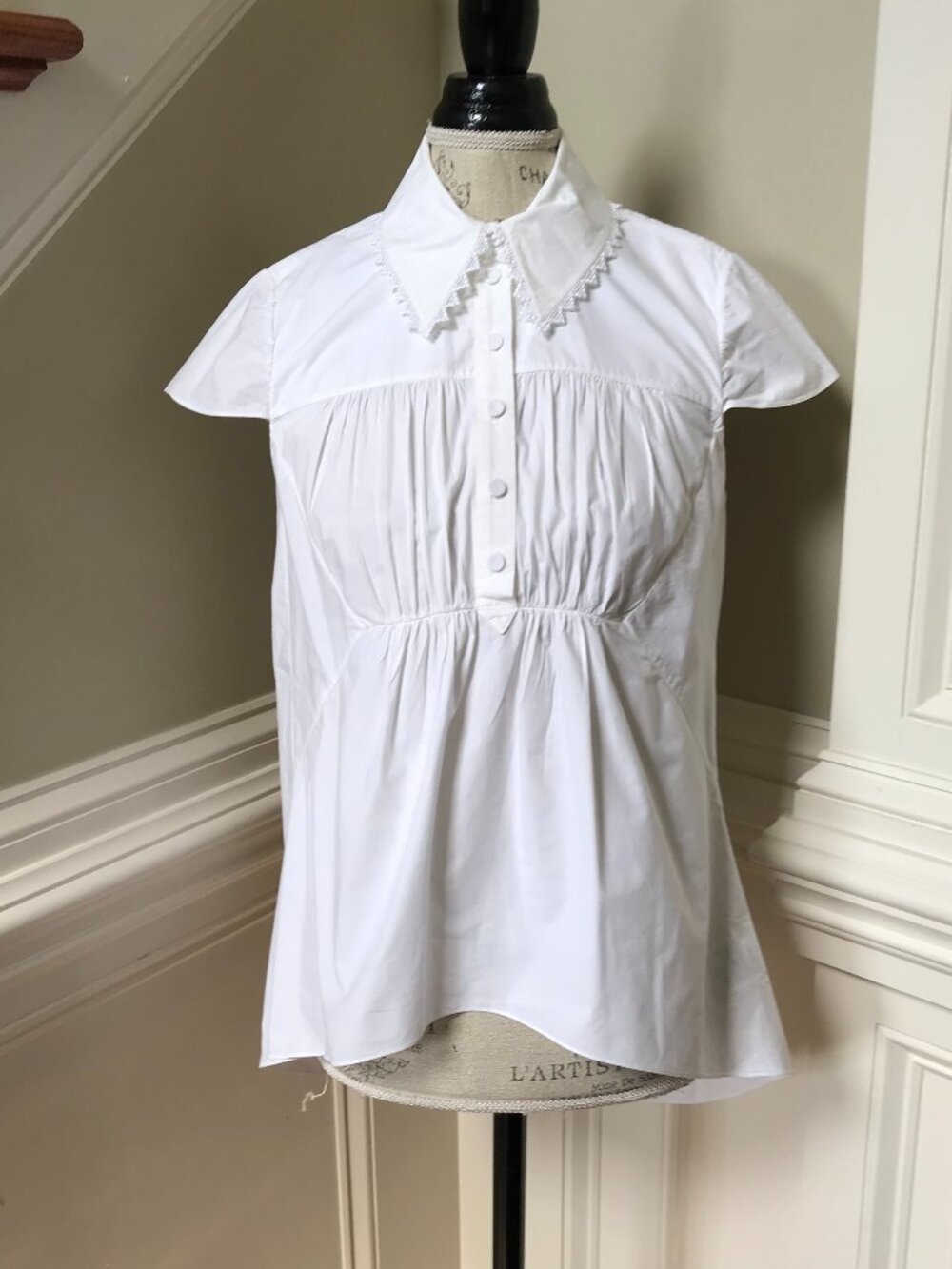 Erdem Clovelly Top Blouse Shirt Womens 2 38 White Short Sleeve Cotton Ruched